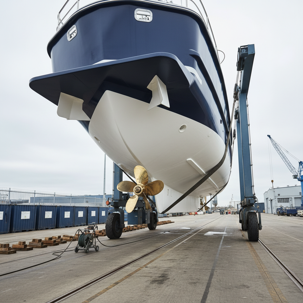 A sturdy white and navy workboat suspended in a heavy-duty travel lift above a dry dock, exposing its freshly cleaned hull, bronze propeller, and gleaming stainless steel shaft ready for inspection. The concrete hardstand is meticulously tidy, with organized chocks, pressure-washing equipment, and labeled storage containers in the background. Overcast daylight provides soft, even illumination, reducing harsh shadows and emphasizing surface textures and clean lines. Captured from a slightly low, wide-angle perspective, the composition highlights the under-hull engineering details while including the broader shipyard environment. Photographic realism with a calm, professional atmosphere that showcases full-vessel marine engineering and maintenance capability.