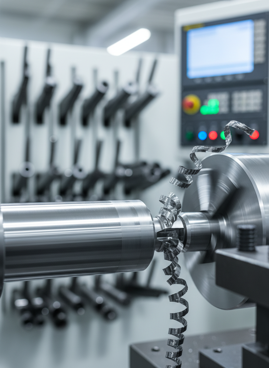 A close-up macro view of a precision CNC lathe cutting a shaft of marine-grade stainless steel, fine curls of silver swarf spiraling away from the cutting tool. The turning shaft surface reflects cool highlights, showing a perfect, mirror-smooth finish. In the softly blurred background, the interior of an immaculate machining workshop reveals organized racks of metal stock and a tidy control panel with glowing indicator lights. Bright, cool-toned workshop lighting creates sharp micro-reflections and crisp edges. Photographic realism, tight cropped composition with shallow depth of field, conveying high-tech precision, accuracy, and meticulous attention to detail in marine machining services.