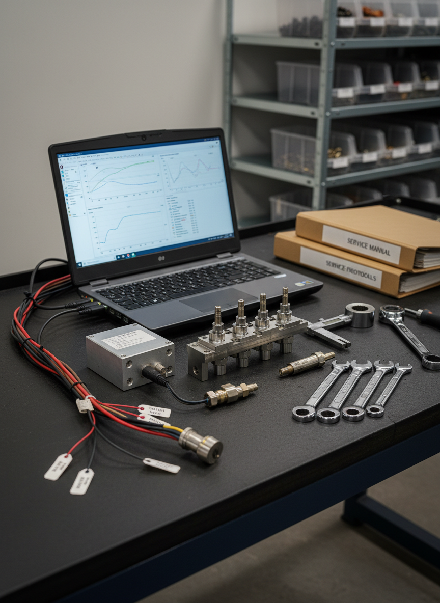 A carefully laid-out marine engineering diagnostic station on a sturdy workbench, featuring a laptop displaying engine performance graphs, connected via labeled cables to a compact electronic control unit beside a clean injector rail and sensors. The bench surface is dark, non-reflective composite with neatly arranged calibration tools, torque wrenches, and documentation folders. Soft, neutral workshop lighting creates gentle highlights on metallic components without glare, while shelving with organized parts bins forms a subtly blurred backdrop. Photographic realism, shot from a slightly elevated angle using the rule of thirds to balance hardware and screen, conveying a modern, data-driven approach to troubleshooting and optimizing marine power systems.