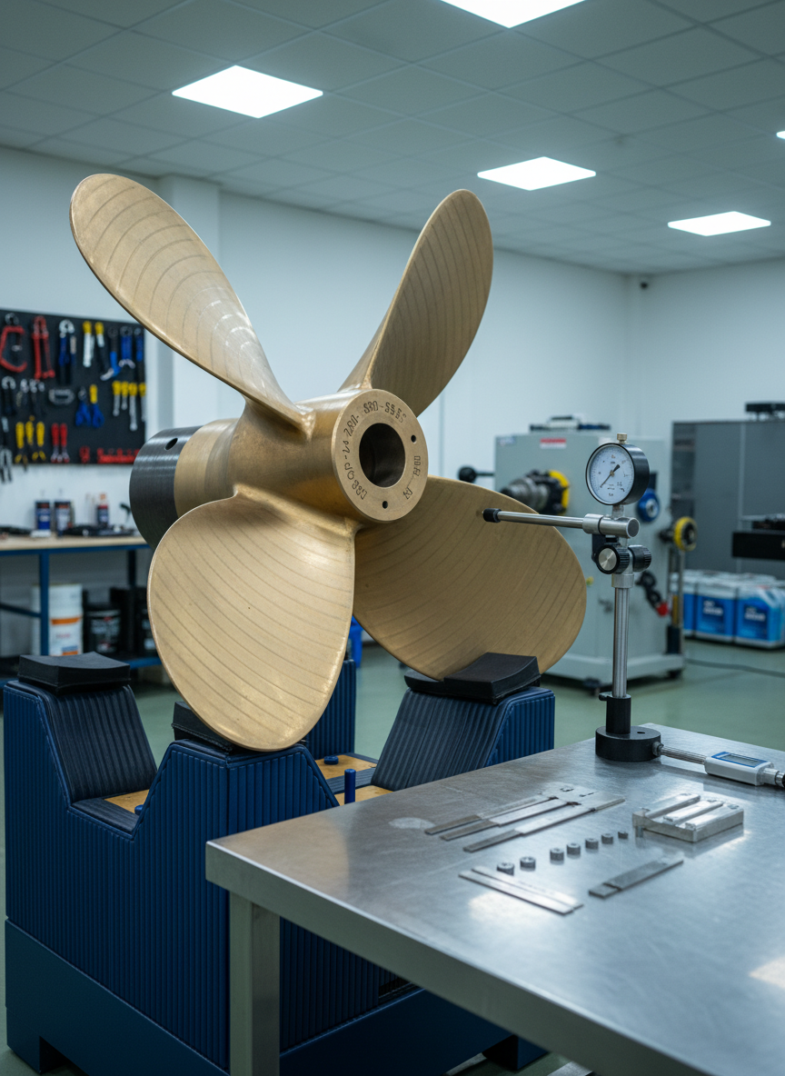 A robust bronze marine propeller with four precisely machined blades resting on a padded support cradle in a clean inspection area. The blade surfaces show subtle polishing marks and engraved specification codes along the hub. A precision dial gauge setup, feeler gauges, and balance weights lie neatly arranged on an adjacent stainless-steel table. Cool white overhead lighting casts smooth, even reflections across the bronze, emphasizing surface fairness and edge accuracy. Photographic realism, medium close-up composition with shallow depth of field that keeps the propeller in sharp focus and the workshop background softly blurred. The mood is meticulous and technical, highlighting specialist propeller repair, balancing, and performance optimization services.