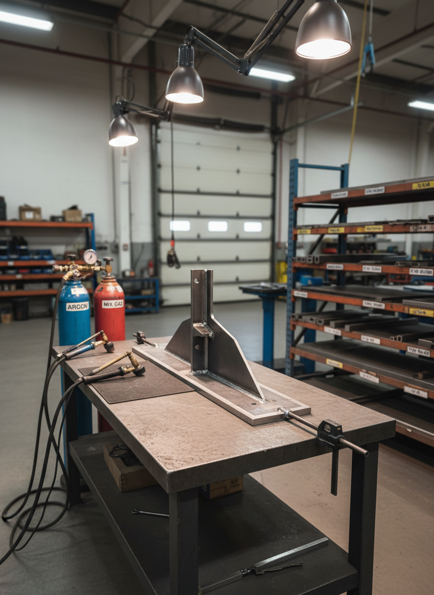 An orderly welding and fabrication bay featuring a large, partially completed custom marine steel bracket secured on a heavy workbench, its edges freshly beveled and tack welded. Nearby, neatly arranged TIG and MIG torches rest beside color-coded gas cylinders and racks of labeled marine-grade plates and sections. Overhead task lights cast bright, focused illumination on the clean weld beads and brushed metal textures, while the rest of the bay falls into a softer, diffused background. Shot from an eye-level, three-quarter angle with moderate depth of field, in photographic realism, the mood is controlled, safe, and highly professional, emphasizing custom marine fabrication capability without showing any operators.