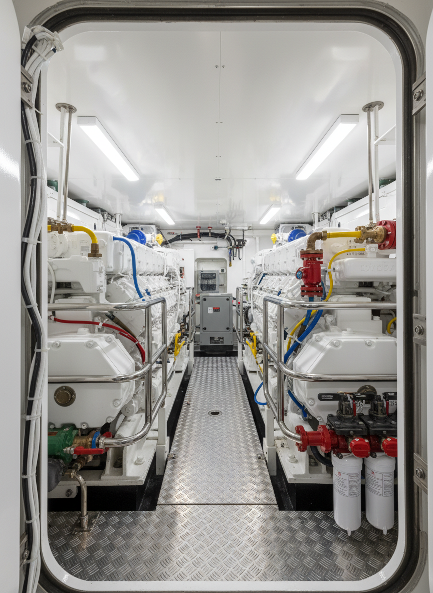 A spotless engine room interior aboard a modern vessel, showcasing twin marine diesel engines in matching white with polished stainless handrails, color-coded piping, and neatly bundled cabling along crisp, painted bulkheads. Anti-slip deck plates gleam under bright LED strip lighting mounted along the overhead, creating even, shadow-minimizing illumination across all machinery. In the background, clearly labeled valves, filters, and a compact generator set demonstrate organized, accessible systems layout. Photographic realism, wide-angle lens from the entry hatch looking inward, with sharp focus throughout. The atmosphere is orderly, safe, and reassuring, perfectly representing professional marine mechanical repairs, refits, and ongoing maintenance standards.